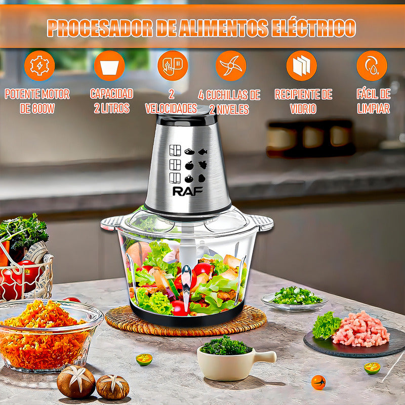 Procesadora Alimentos 2rl 800w Vidrio 2l Picadora Carne Acero Negro