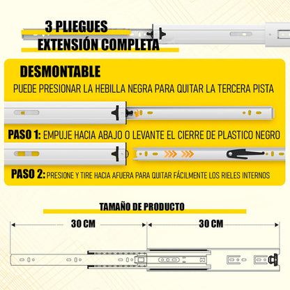 Pack X2 Corredera Telescópica Riel Para Cajones Riel 30 Cm Gris