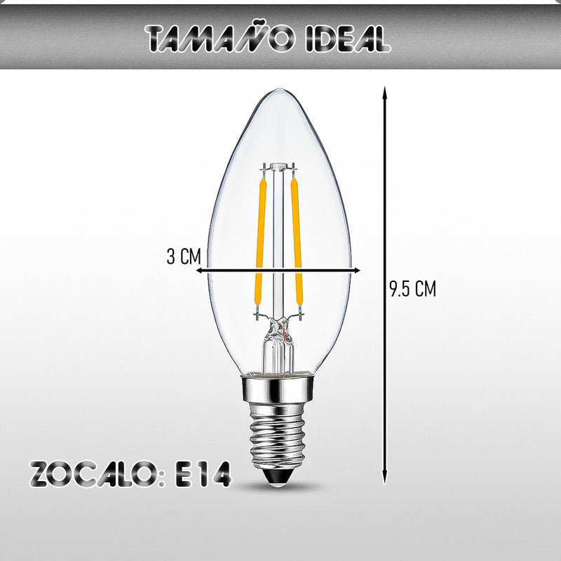 Pack De 6 Ampolletas Led E14 De 2w, Vela Cálida Con Filamento Vintage Blanco Cálido