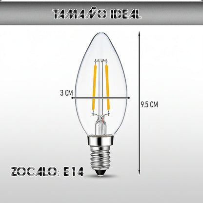 Pack De 6 Ampolletas Led E14 De 2w, Vela Cálida Con Filamento Vintage Blanco Cálido