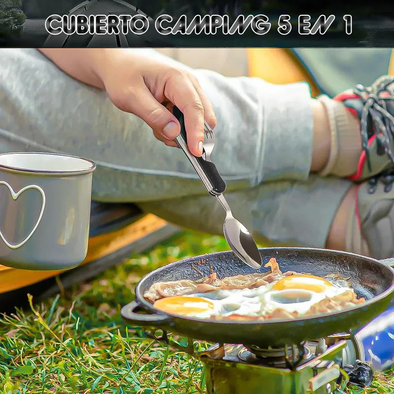 Set Cubiertos Camping 5 En 1 Cubierto Camping Multiuso Plega Negro