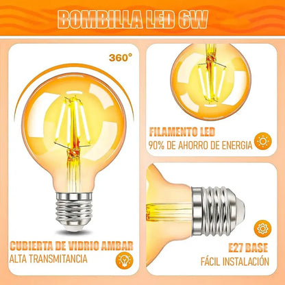 Pack 2 Ampolleta Led 6w Ampolleta Vintage Bombillas Led E27 Cálida