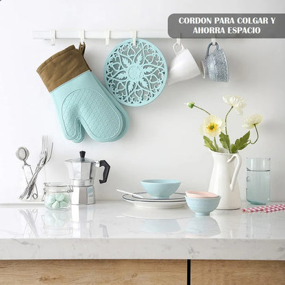 Manopla Silicona Okshop Guante Cocina Turquesa Marrón 27cm Algodón Color