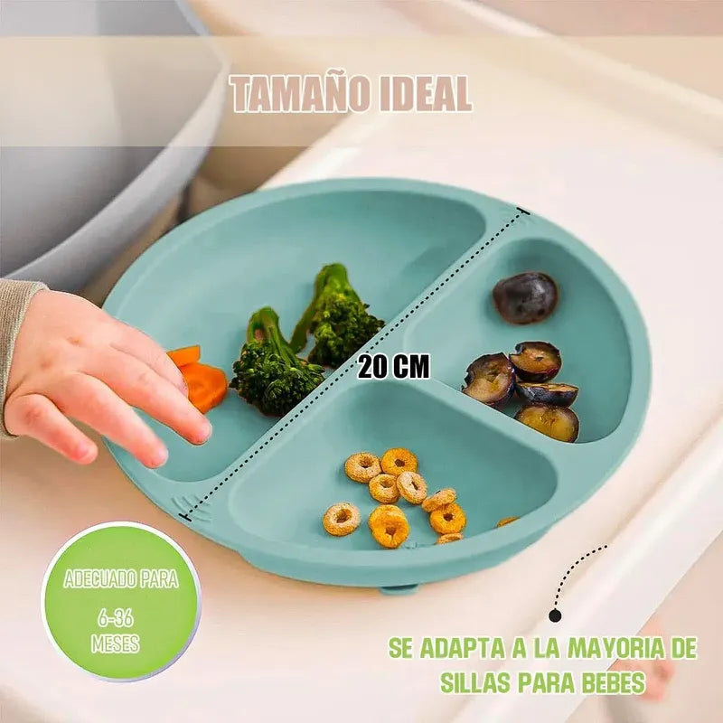 Plato De Silicona Para Bebé Con 3 Compartimentos Y Ventosa Antideslizante Turquesa Okshop