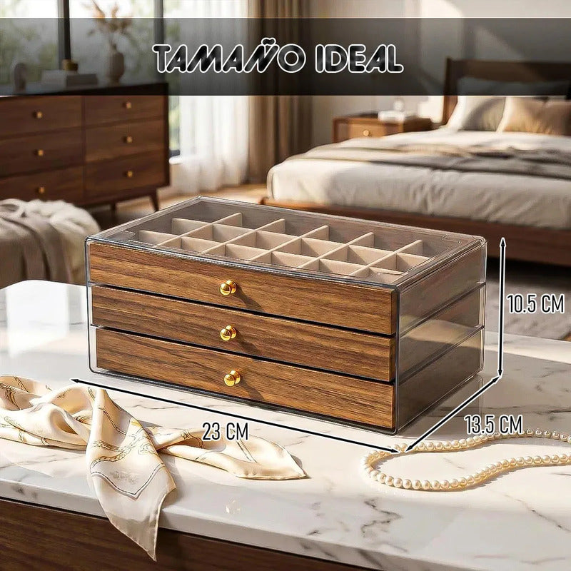 Joyero De Madera Con 3 Cajones Y Tapa Acrílica Para Collares Y Anillos Modelo 2