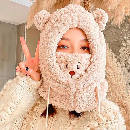 Gorro Invierno De Lana Con Diseño De Oso Y Cuello Ajustable Para Adultos, Marrón Oscuro Unica