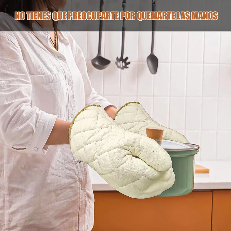 Guantes Para Horno Okshop Algodón Acolchado Blanco Pack 4 Largos Flexibles Liso