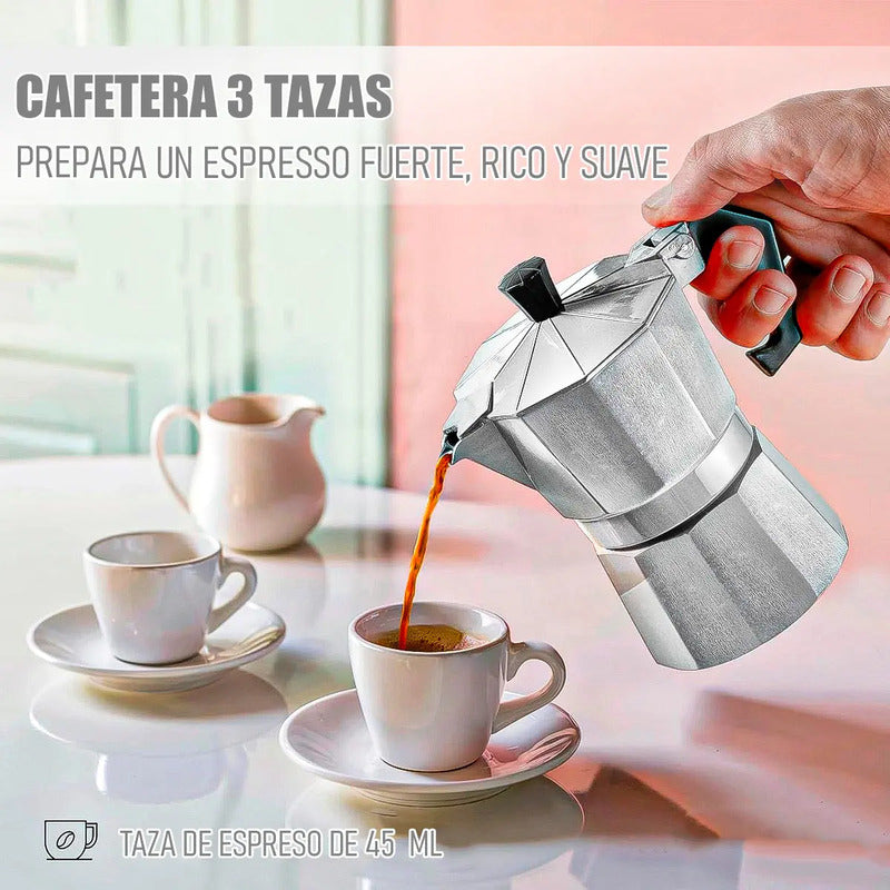 Cafetera Italiana Espresso 3 Tazas Plateado Aluminio Manual