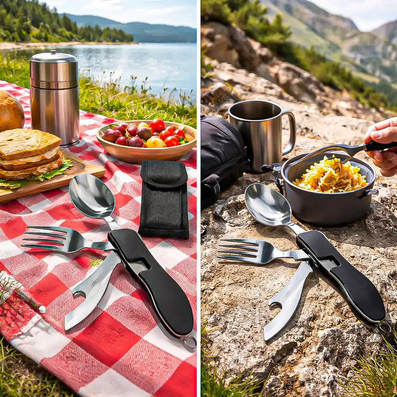 Set Cubiertos Camping 5 En 1 Cubierto Camping Multiuso Plega Azul