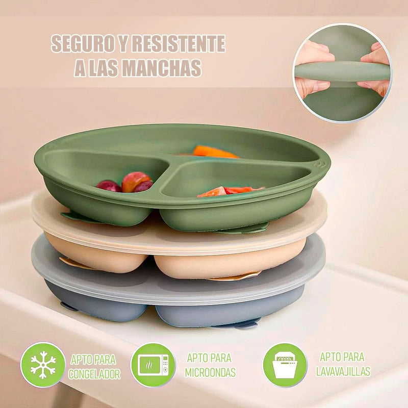 Plato De Silicona Para Bebé Antideslizante Con 3 Compartimentos, Libre De Bpa Beige